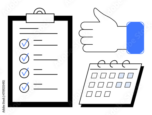 Clipboard with ticked checklist, calendar with marked dates, and thumbs-up gesture for approval. Ideal for planning, organization, productivity, team management, deadlines, work achievement simple