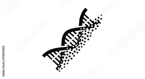 Abstract representation of a DNA helix dissolving into particles, symbolizing genetic research and evolution.