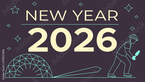 New year 2026 graphic with geometric dome, stars, diamonds, and a miner illustration on a dark background