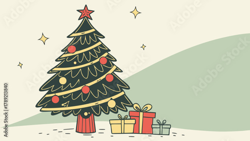 A christmas tree decorated with ornaments and a star with gifts underneath on a snowy background