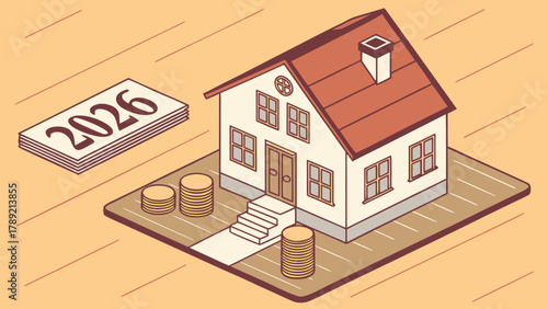 Isometric house with coins and a stack of papers labeled 2026 on a beige background illustration