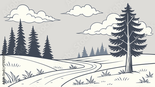 Scenic landscape with winding path, evergreen trees and fluffy clouds in a monochrome color palette