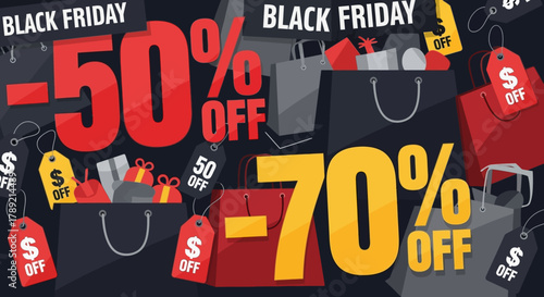 Black Friday Sale: A vibrant and dynamic display of enticing discounts and special offers, set against a backdrop of shopping bags and gift tags, celebrating the annual shopping event.