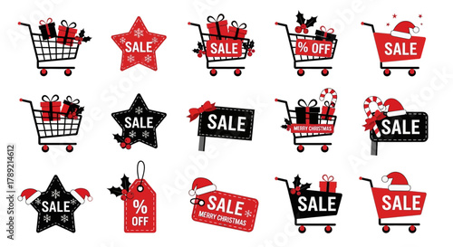 Holiday Sale Collection: A vibrant compilation of shopping carts, starbursts, tags, and signs, all adorned with festive decorations and bold sale messaging.