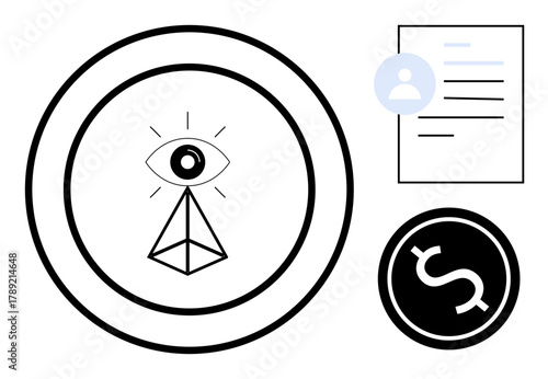 Eye embedded in a pyramid surrounded by concentric circles, user profile with text, and dollar sign within a circle. Ideal for finance, vision, surveillance, identity, data, strategy and technology
