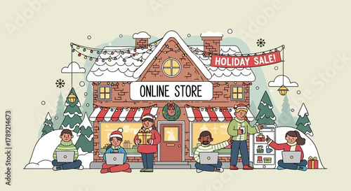 Digital Holiday Marketplace: A cozy online store, bustling with holiday shoppers. Illustration captures the festive spirit of seasonal shopping, showcasing the digital world.