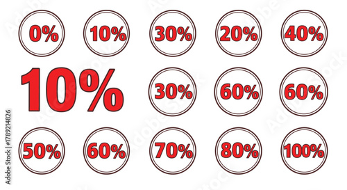 Percentage Badges: A visually striking collection of percentage badges, showcasing a variety of numerical values, ideal for illustrating data points, discounts, or progress.