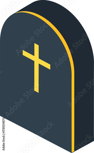 Isometric illustration of a dark blue tombstone with a golden cross and outline.