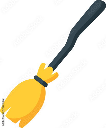 A stylized illustration of a classic witch's broomstick with a yellow brush and a dark handle.