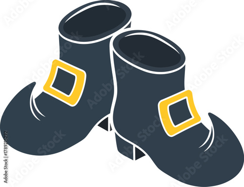 A pair of dark leprechaun boots with curled toes and large golden buckles, isolated on a white background.