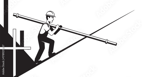 A construction worker carries a long pipe on his shoulder, ascending a ramp, representing labor and building.