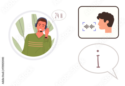 Customer service agent with headset, voice recognition interface, and information icon. Ideal for customer support, communication, technology, assistance, helpline AI solutions simplicity. Minimal