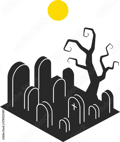 A spooky graveyard scene featuring tombstones, a bare tree, and a full moon in the night sky.