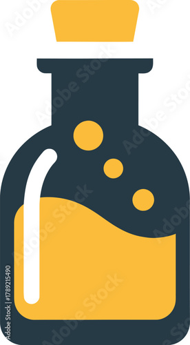 Apothecary bottle with yellow liquid and cork stopper, dark blue glass.