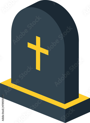 A dark gray tombstone with a yellow Christian cross symbol on its surface, set against a white background.