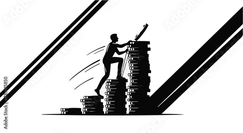 Silhouette of person climbing stacked coins towards success, symbolizing financial growth and ambition.