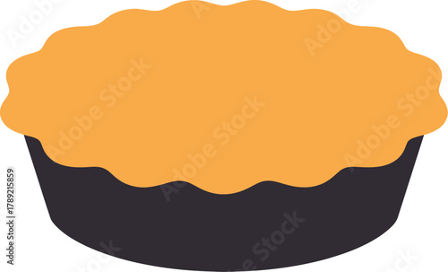 A simple flat vector illustration of a whole baked pie with a golden crust in a dark pan.