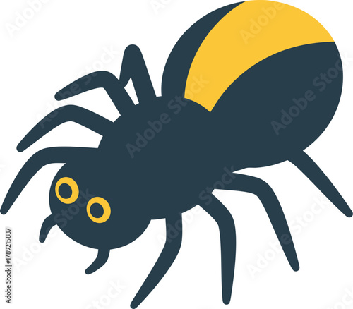 A stylized illustration of a dark blue spider with a yellow marking on its abdomen, featuring eight legs and two prominent eyes.