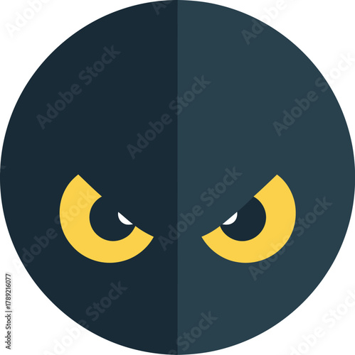 A dark circular graphic with two intense yellow eyes staring forward.