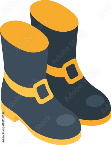 A pair of dark blue and yellow rain boots with buckles, isolated on a white background.
