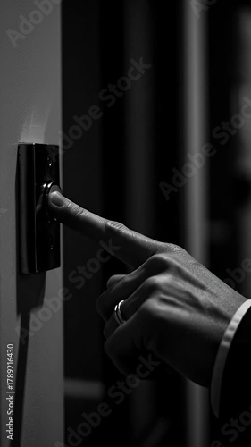 Close up Finger Pressing Elevator Button Cinematic Black and White
