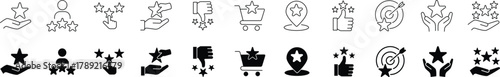 Rating & Review Icon Set with star, feedback, quality, and customer satisfaction symbols. Clean vector line and filled icons for business and evaluation design. Editable stroke style.