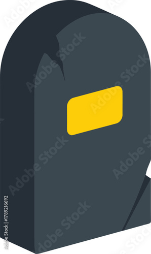 A dark gray welding mask with a bright yellow rectangular lens is shown in a 3D isometric view.