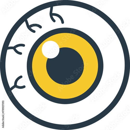 A stylized cartoon illustration of a human eyeball with a yellow iris, black pupil, and visible red bloodshot veins on the white sclera.