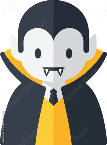 Cartoon vampire with black cape and yellow vest, featuring fangs and a serious expression.