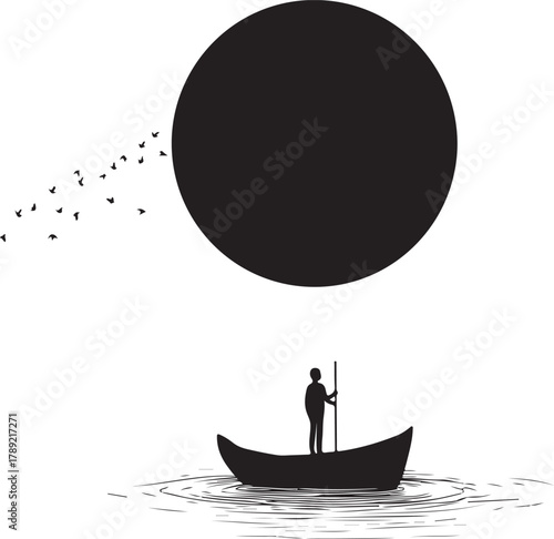 Man on Boat Silhouette with Big Sun and Water Reflection
Minimalist Boat and Sunset Silhouette Vector Design
Fisherman in Boat Under the Sun Silhouette Art