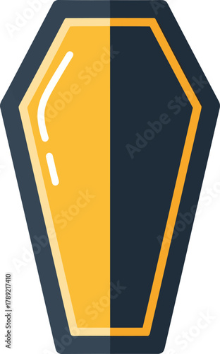 A stylized flat design illustration of a coffin, split vertically with yellow and dark blue sections, outlined in black.