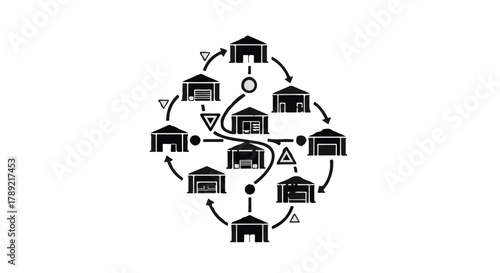 Abstract network of interconnected warehouses illustrating logistics and supply chain flow