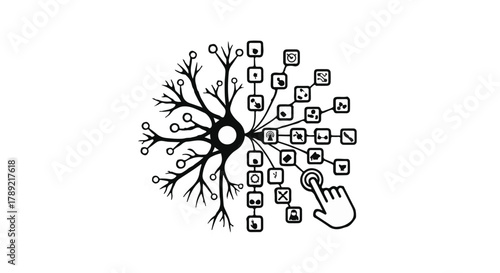 Abstract illustration of a neural network connecting to digital icons, symbolizing data processing and artificial intelligence.