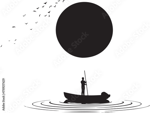 Man on Boat Silhouette with Big Sun and Water Reflection
Minimalist Boat and Sunset Silhouette Vector Design
Fisherman in Boat Under the Sun Silhouette Art