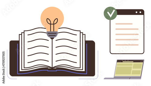 Open book with glowing bulb illustrating knowledge, checklist for organization, and laptop for digital connection. Ideal for education, innovation, productivity, problem-solving, digital learning