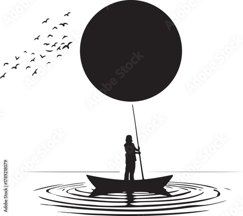 Man on Boat Silhouette with Big Sun and Water Reflection
Minimalist Boat and Sunset Silhouette Vector Design
Fisherman in Boat Under the Sun Silhouette Art