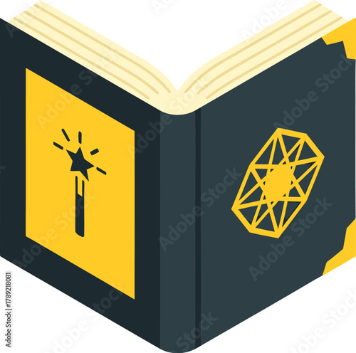 An open book with a yellow cover, featuring a wand and a geometric shape, possibly related to magic or knowledge.