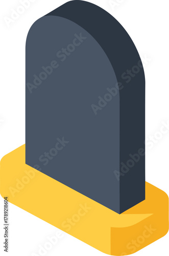Isometric illustration of a tombstone on a yellow base, symbolizing death, remembrance, or Halloween themes.