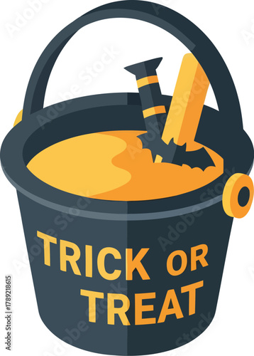 A black Halloween trick or treat bucket filled with orange candy and lollipops.