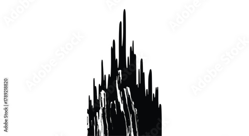 Abstract dark silhouette of a towering mountain peak against a white background