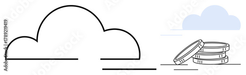 Cloud shape linked with stacked coins suggesting data storage, financial savings, or digital services. Ideal for finance, technology, cloud computing, digital, storage economy security. Simple flat