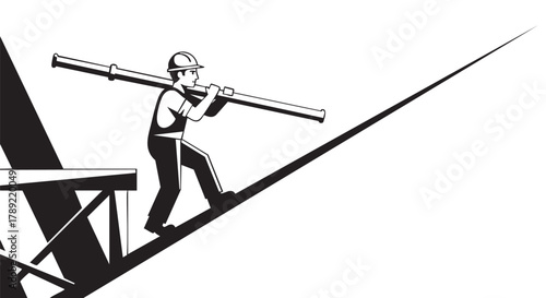 A construction worker carries a long pipe uphill on a structure, illustrating labor and building concepts in a graphic black and white illustration.