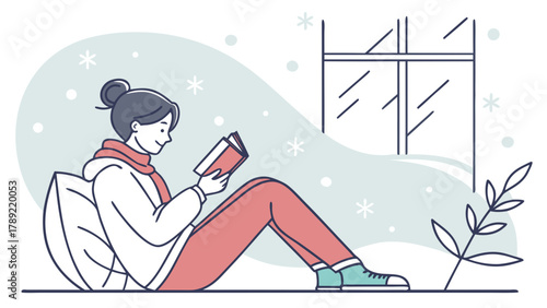 A woman reading a book by the window during winter with snowflakes falling and a plant nearby outside
