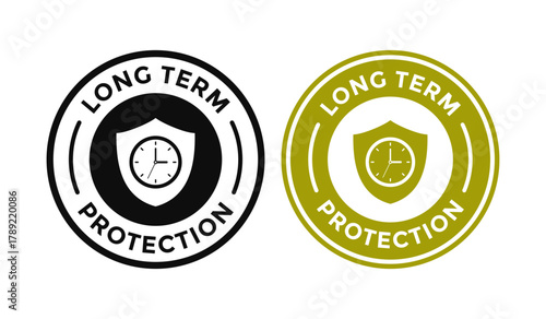 Long Term Protection security vector badge. Shield icon combined with a clock symbol. Round stamp for time-based warranty, insurance, or lasting service.