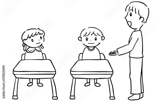 モノクロ、支持に従って席に着く子ども達