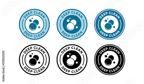 Circular deep clean quality guarantee seal badge. Abstract blue bubble vector symbol for cleaning services, laundry care, or professional washing products assurance