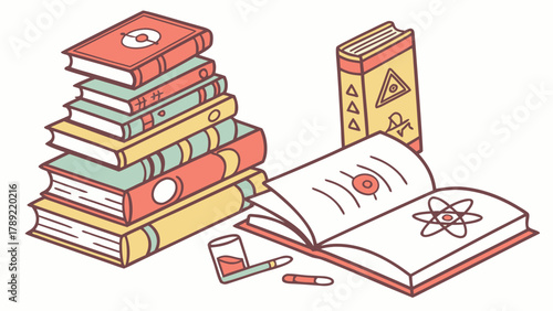 Illustration of a stack of books with open book and scientific symbols and a smoking pipe present