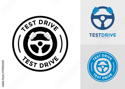 Test Drive vector logo. Automotive badge with hands on a steering wheel icon. Suitable for auto services and sales