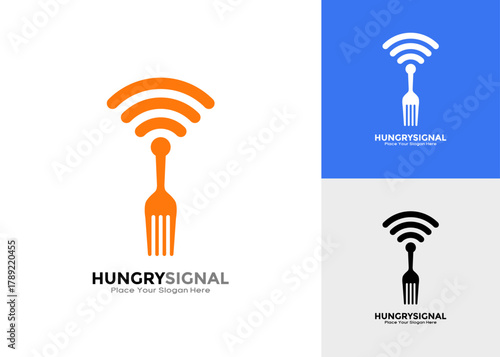 Hungry signal vector logo template. Fork combined with wifi waves, symbolizing fast online food ordering, quick delivery services, and mobile restaurant applications