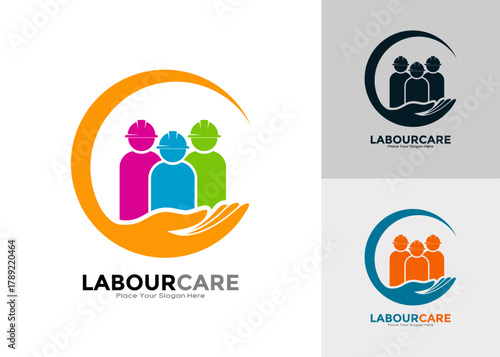Labor care vector logo. Icon of a team of laborers in hard hats held by a hand. Ideal for trade unions, safety firms, and employment services.